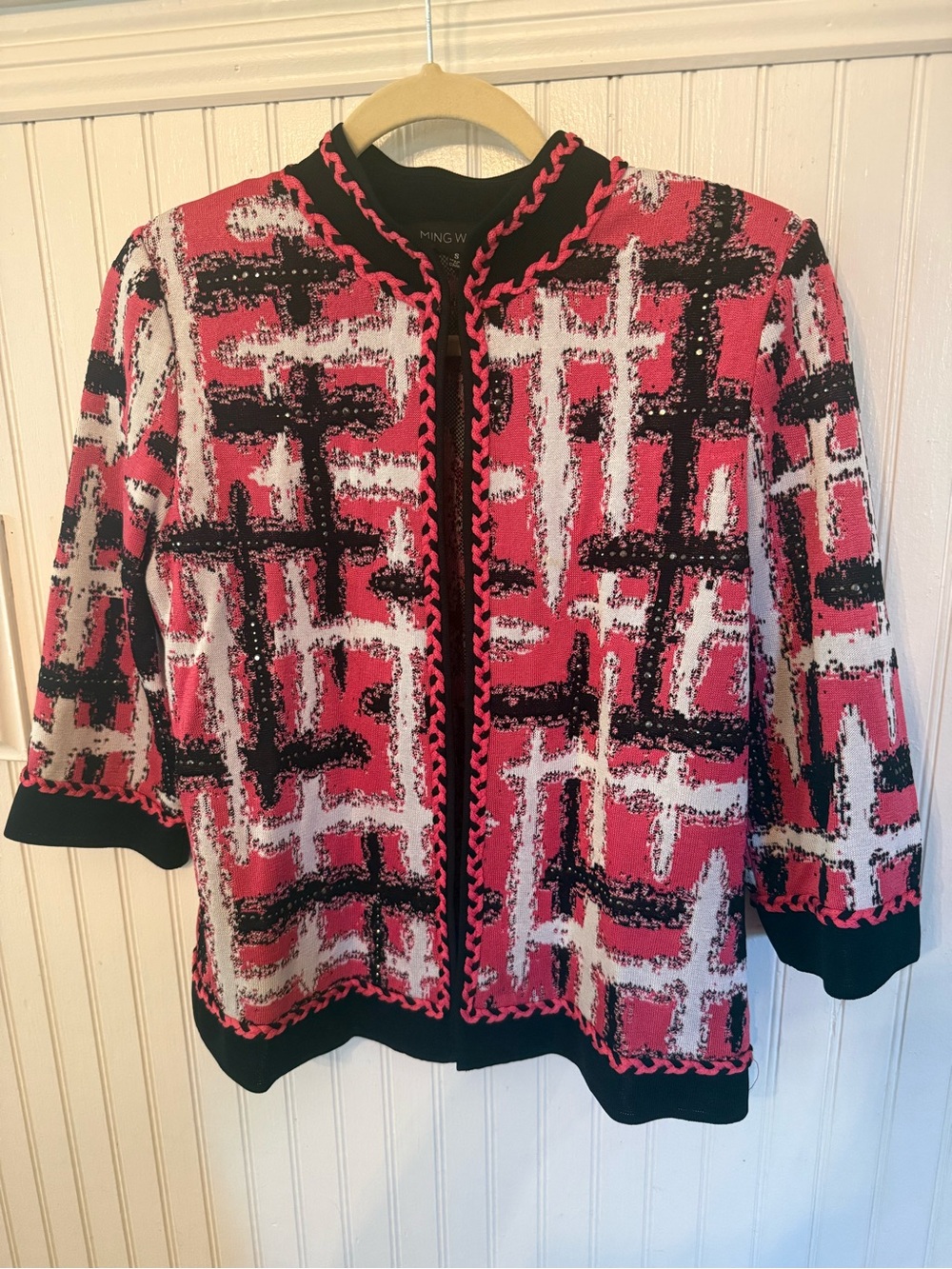 Ming Wang Pink White and Black Small Knit Jacket